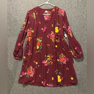 Old Navy Floral Swing Dress Womens M maroon red pink V Neck Light Flowy lined
